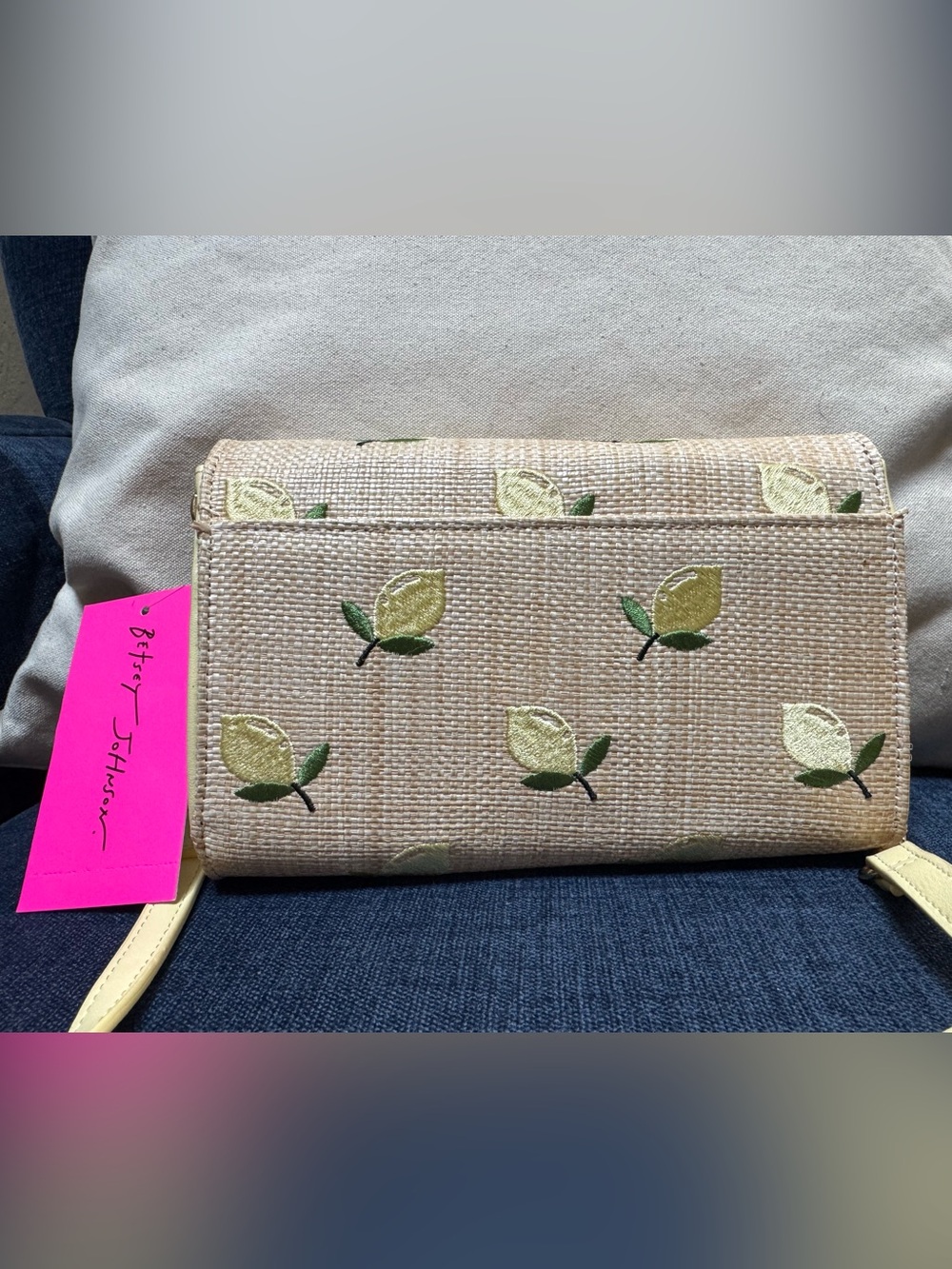 Betsey Johnson Lemon Embroidered Beige Crossbody Bag with Yellow Strap - Picture 8 of 12